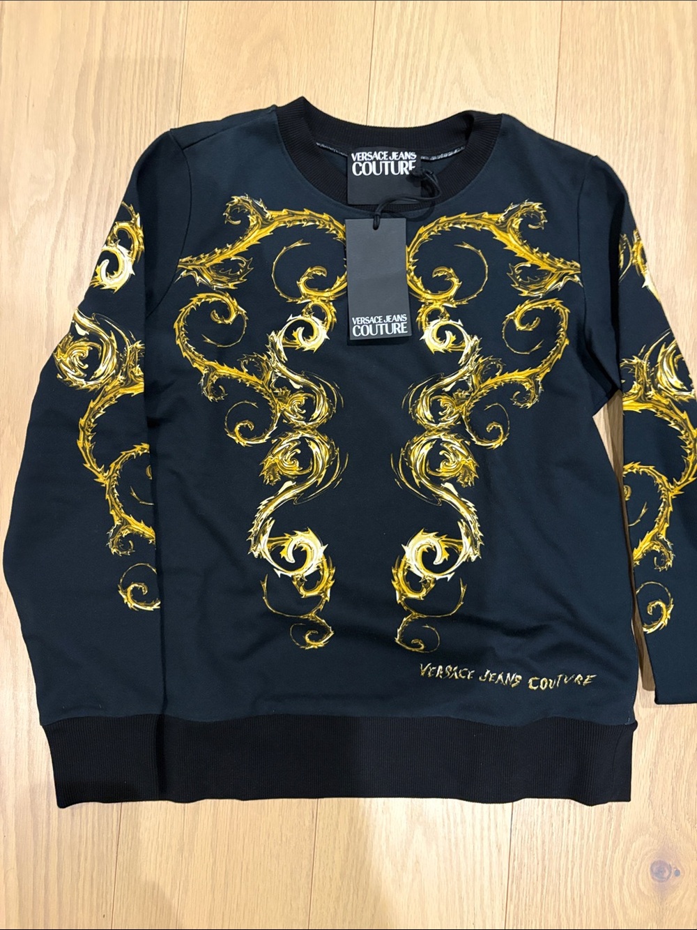 Versace Jeans Collection Black Crewneck Sweater with Gold Baroque Motif